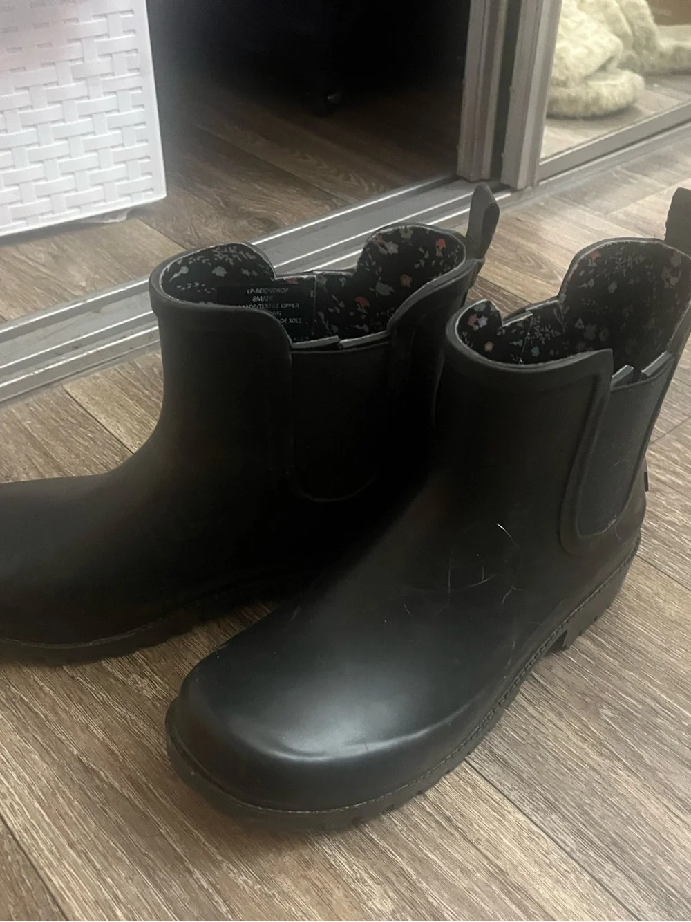 Black Chelsea-Style Rain Ankle Boots with Floral Lining